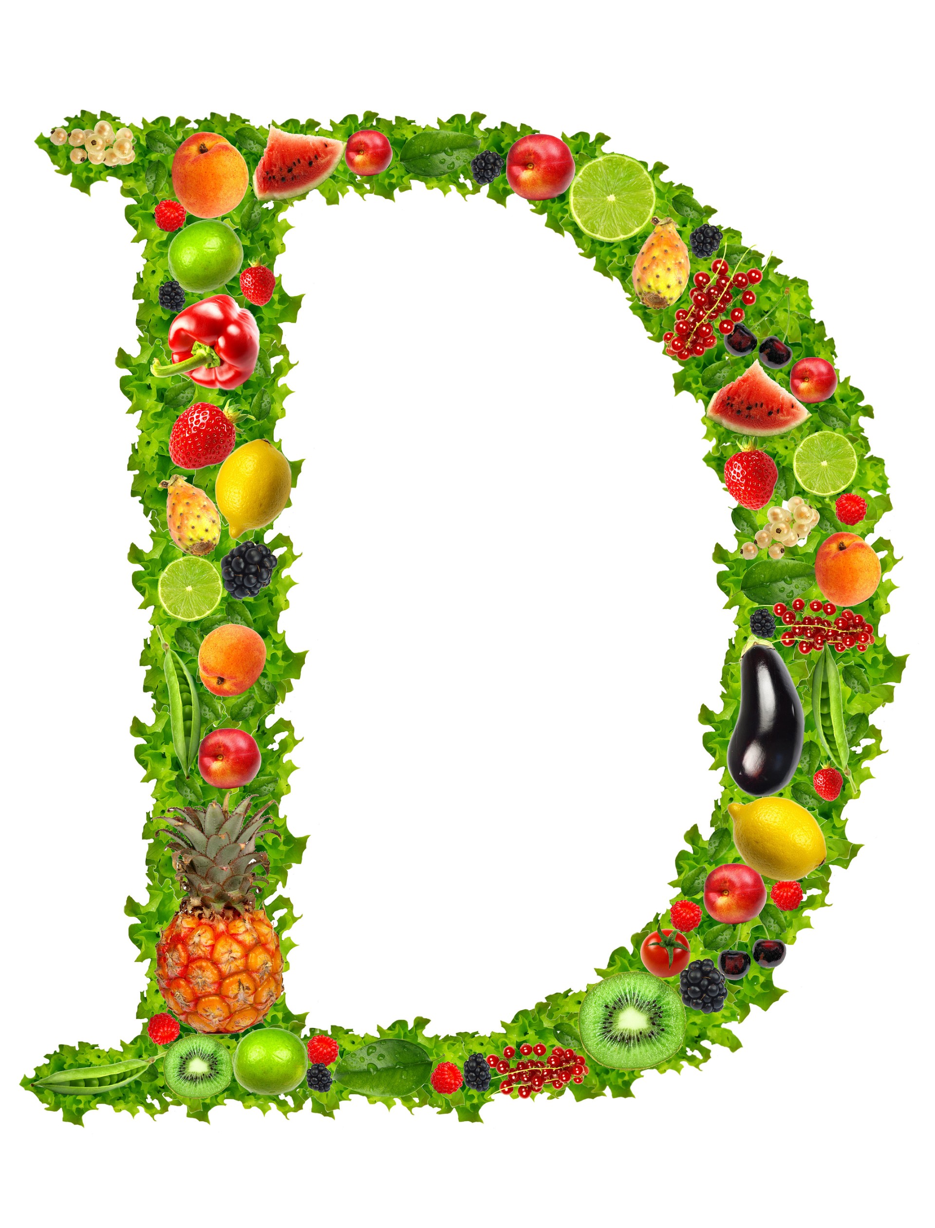 Letter D made of fresh fruits and vegetables, illustrating vitamin D and its role in the immune system.