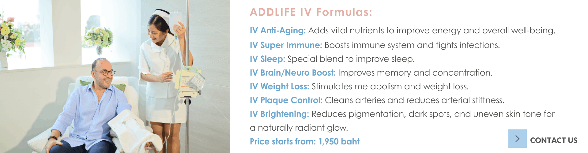 Nurse giving a patient an IV drip at AddLife clinic in Bangkok, with IV formulas including Anti-Aging, Super Immune, Sleep, Brain Boost, Weight Loss, Plaque Control and Brightening, from 1,950 baht