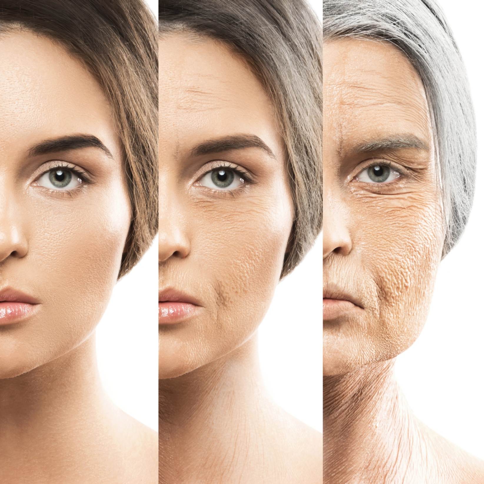Woman’s face at three stages of aging, showing wrinkles, sagging skin and grey hair, common physical changes of aging.
